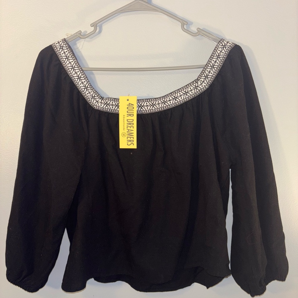 🖤4Our Dreamers Elegant Black Blouse with White Embroidery